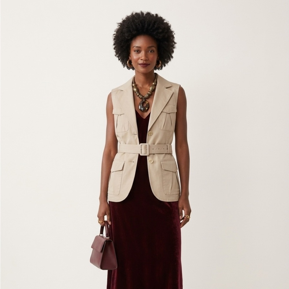 Lafayette 148 New York Tan Safari Cargo Vest Size 8 Utility Pockets - Picture 2 of 7